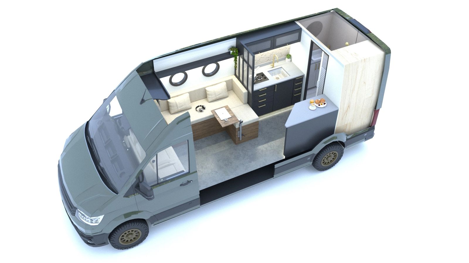 Vanpuravida’s cutaway render of the Annapurna from the sliding-door side: L-sofa, kitchen and shower room