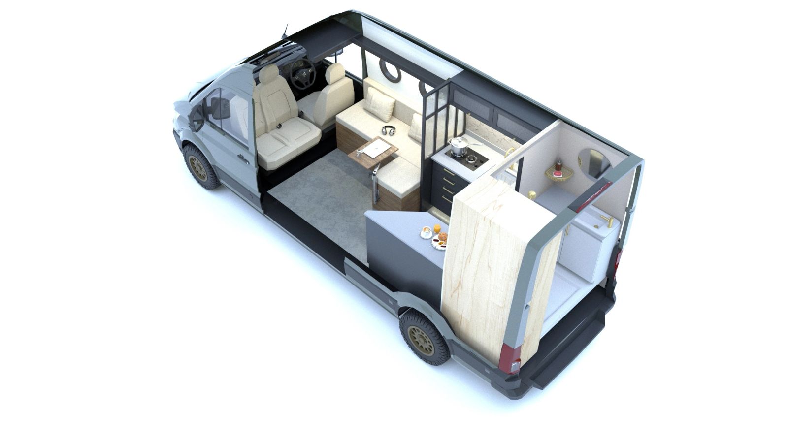 Vanpuravida’s cutaway render of the Annapurna from the rear: cab seats, dinette, kitchen and shower room